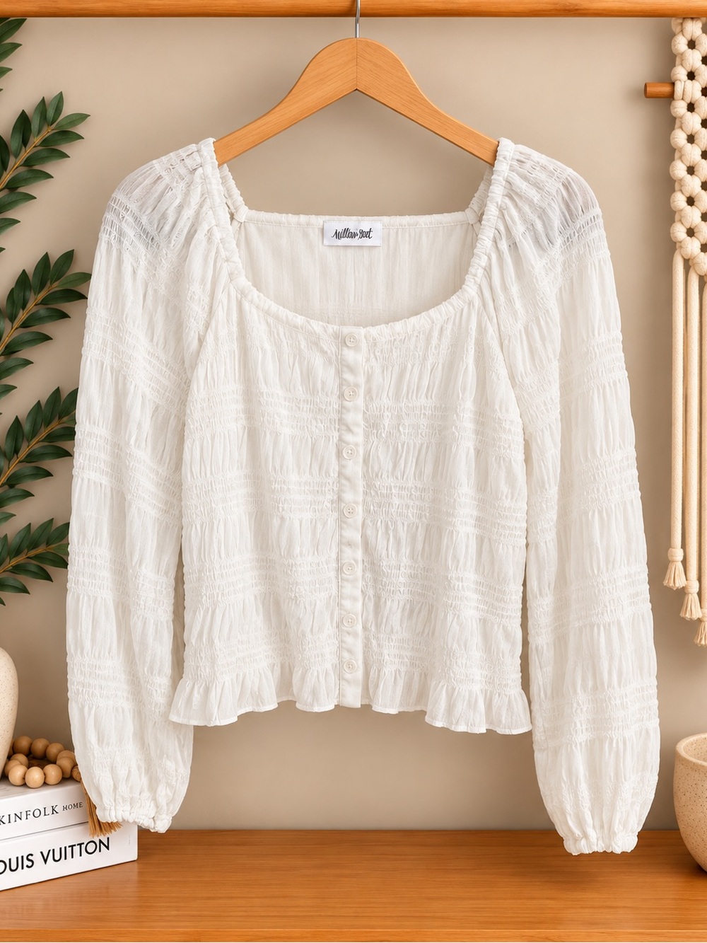 White Button-Front Smocked Peasant Top